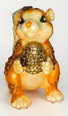 Bejeweled Golden Brown Squirrel Hinged Enameled Crystal Trinket Box 2”
